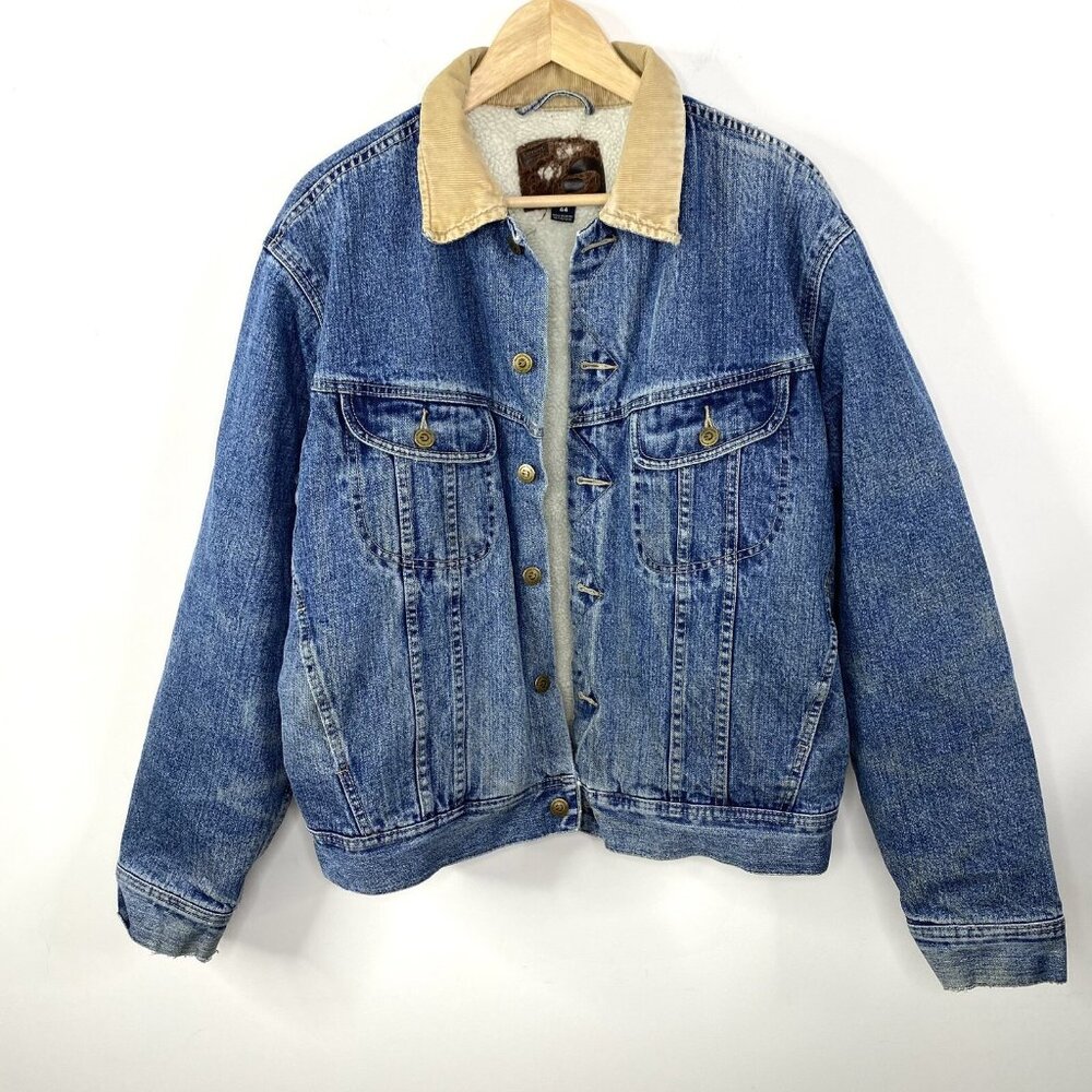 Denver Hayes Mens Jean Jacket Y2K Trucker Dad Vtg Sherpa Lined Denim Blue Sz XL - Picture 1 of 8
